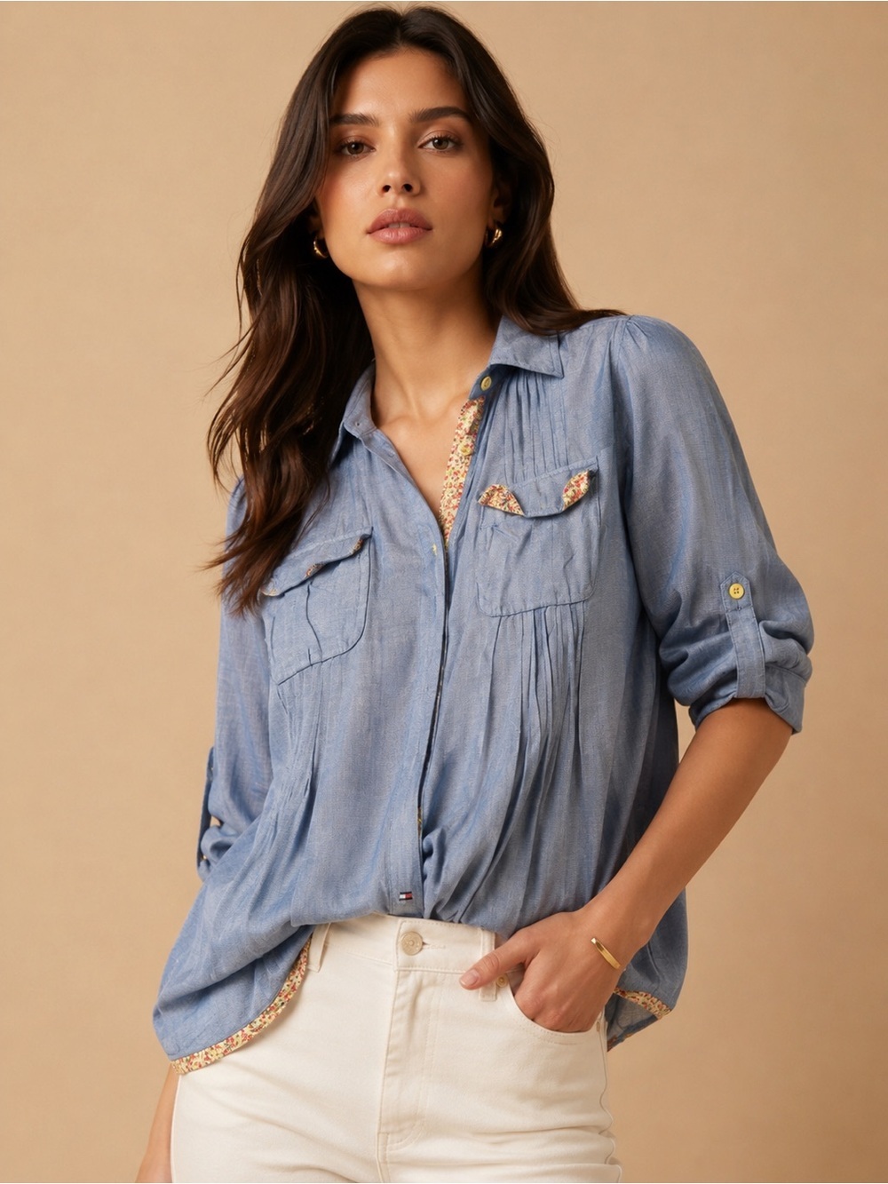Tommy Hilfiger Light Blue Chambray Button-Down Shirt with Floral Trim